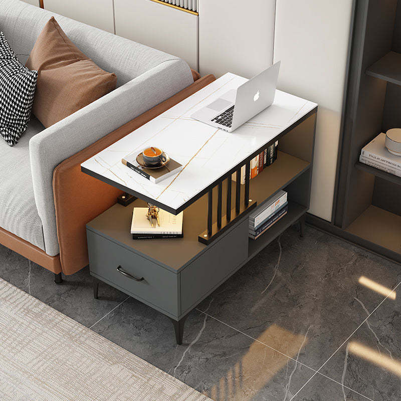 Contemporary Glass 2-Tier End Table — Gray Cabinet + Black Frame + White Marble Texture Tabletop
