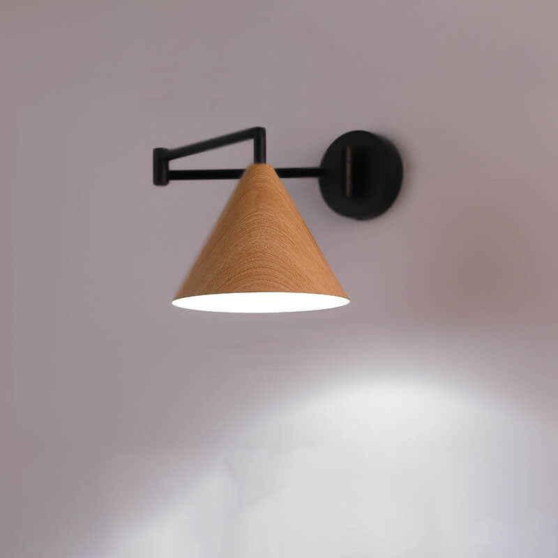 Nordic Cone Swing Arm Wood Grain Iron Wall Sconce