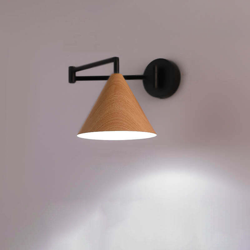 Nordic Cone Swing Arm Wood Grain Iron Wall Sconce