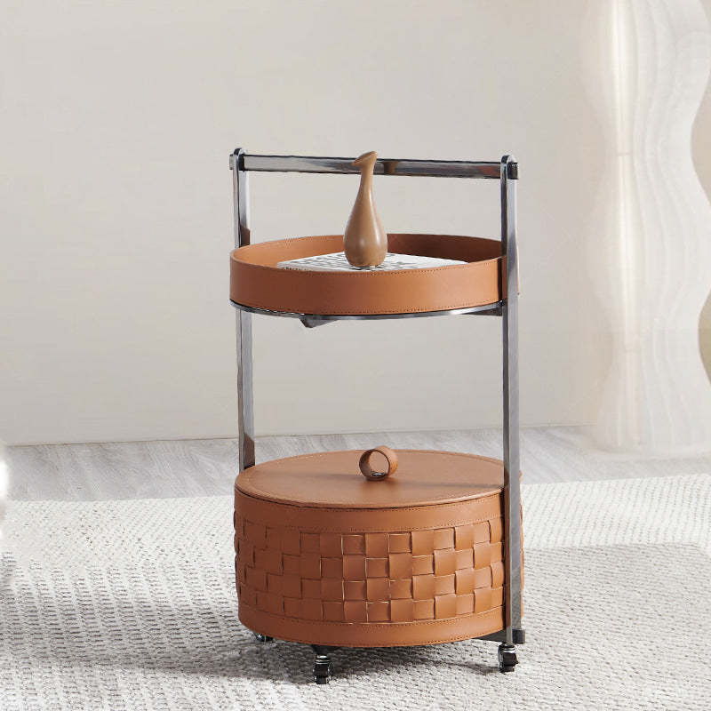 Nordic Steel Saddle Leather 2-Tier Movable End Table