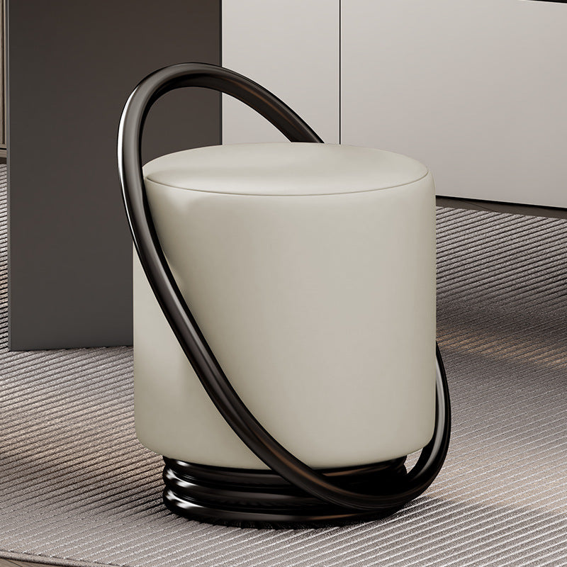 Contemporary Microfiber Leather Cylinder Vanity Stool — A / Off-White Seat + Black Frame