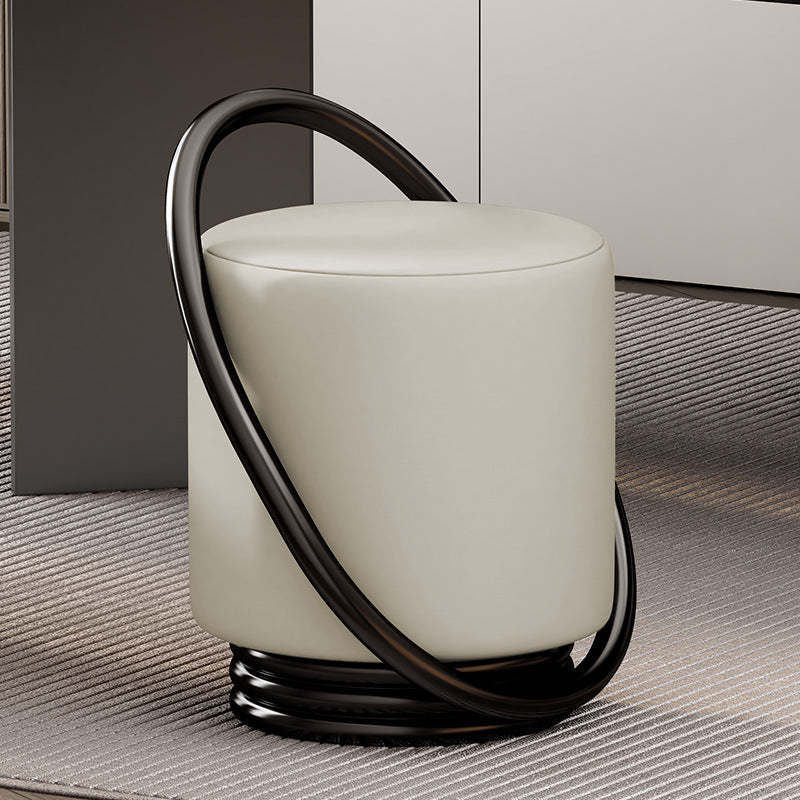 Contemporary Microfiber Leather Cylinder Vanity Stool — A / Off-White Seat + Black Frame