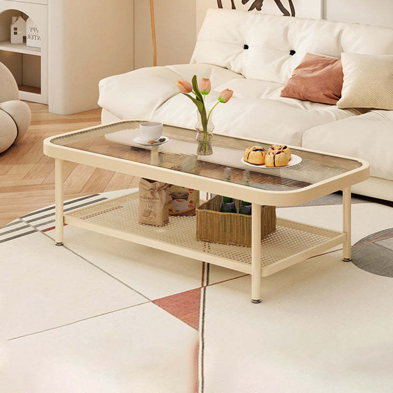 Minimalist rectangular 2-tier black coffee tables in steel glass wood