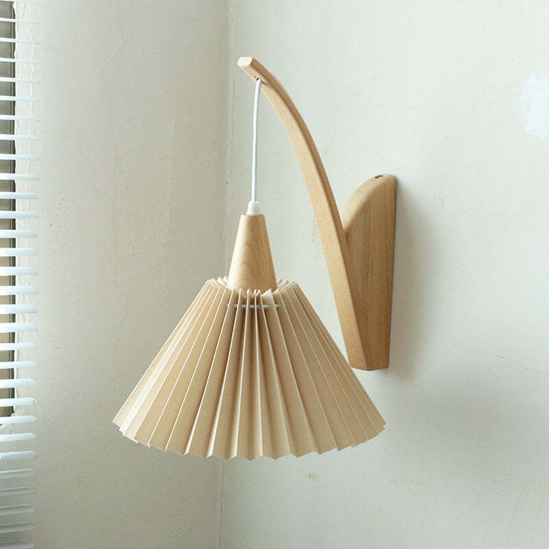 Japanese Solid Wood Pleated Fabric Umbrella Wall Sconce — Log Lamp Arm + White Fabric Lampshade / 220V-240V For UK/AU