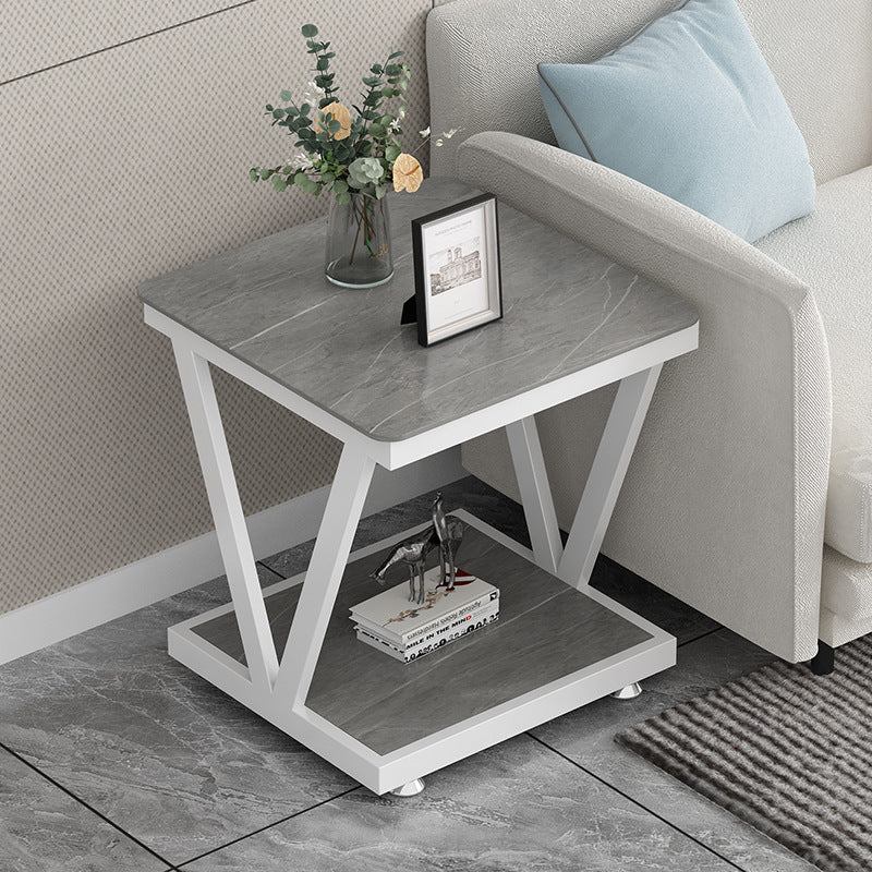 Minimalist Rock Slab Square Removable Side Table 2-Tier — Gray Tabletop + Black Frame