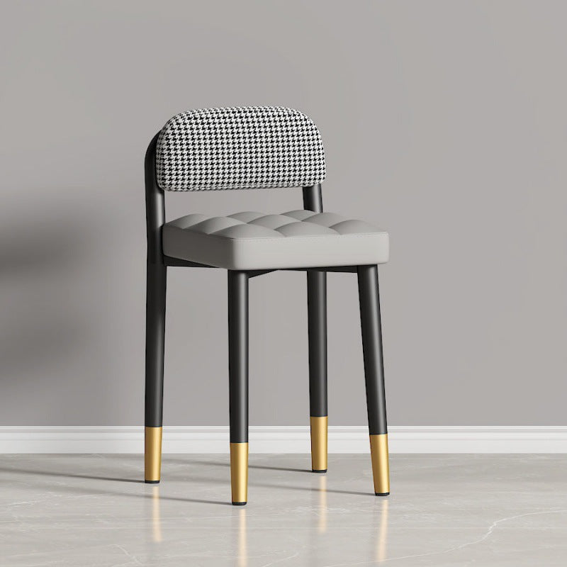 Modern Fabric Upholstered Low Back Vanity Stool — Gray Fabric Seat + Houndstooth Backrest
