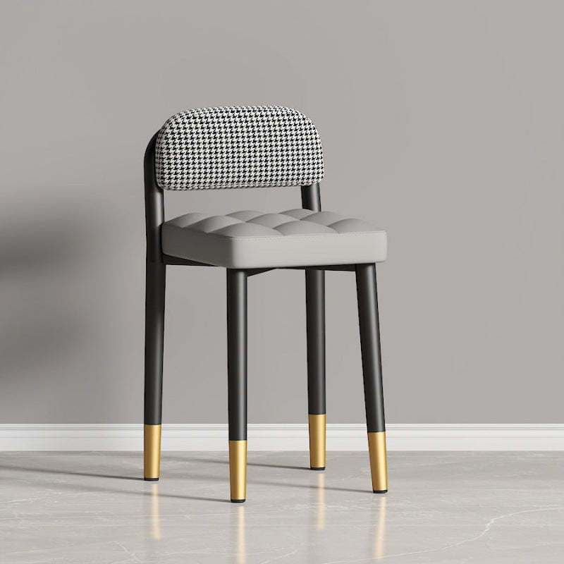 Modern Fabric Upholstered Low Back Vanity Stool — Gray Fabric Seat + Houndstooth Backrest