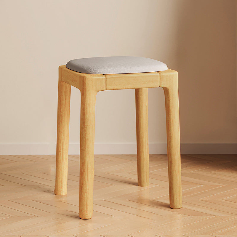 Modern Wood Leather Backless Vanity Stool — Brown Seat + Walnut Color Legs