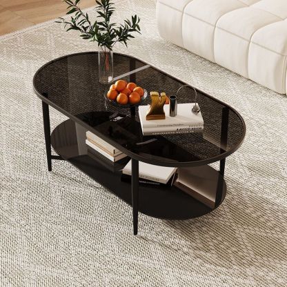 Retro Elliptical Woven Glass Iron Coffee Table — C - White