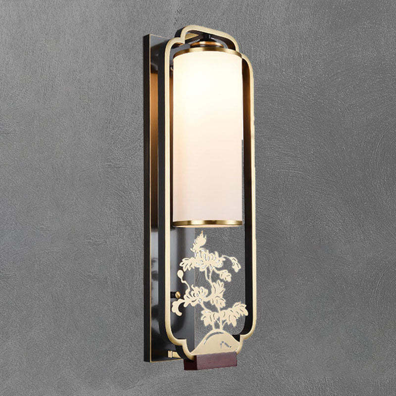 Modern Chinese Copper Glass Column Ring Sconce — Copper / Orchids / 220V-240V For UK/AU