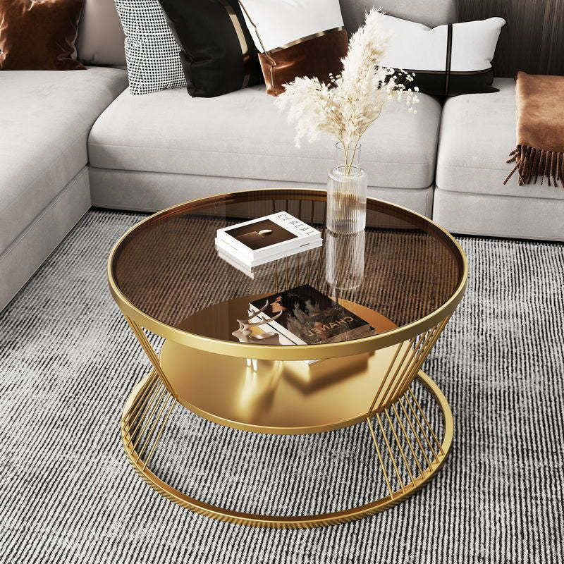 Modern Tempered Glass 2-Tier Coffee Table — Gold Frame - Brown Tempered Glass