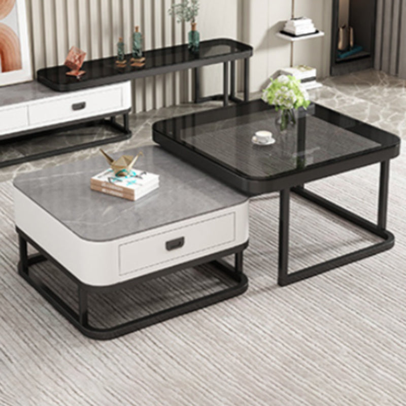 Minimalist Rock Slab Glass Square Coffee Table 1-Drawer