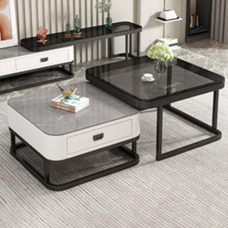 Minimalist Rock Slab Glass Square Coffee Table 1-Drawer
