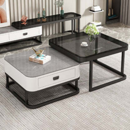 Minimalist Rock Slab Glass Square Coffee Table 1-Drawer