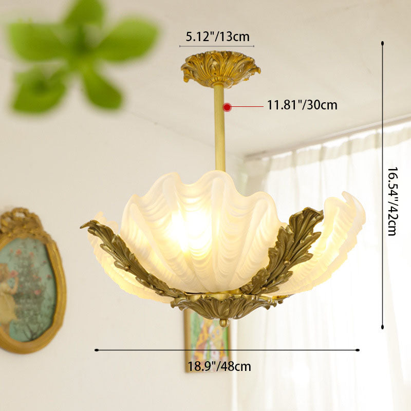 French Shell Brass Glass Chandelier