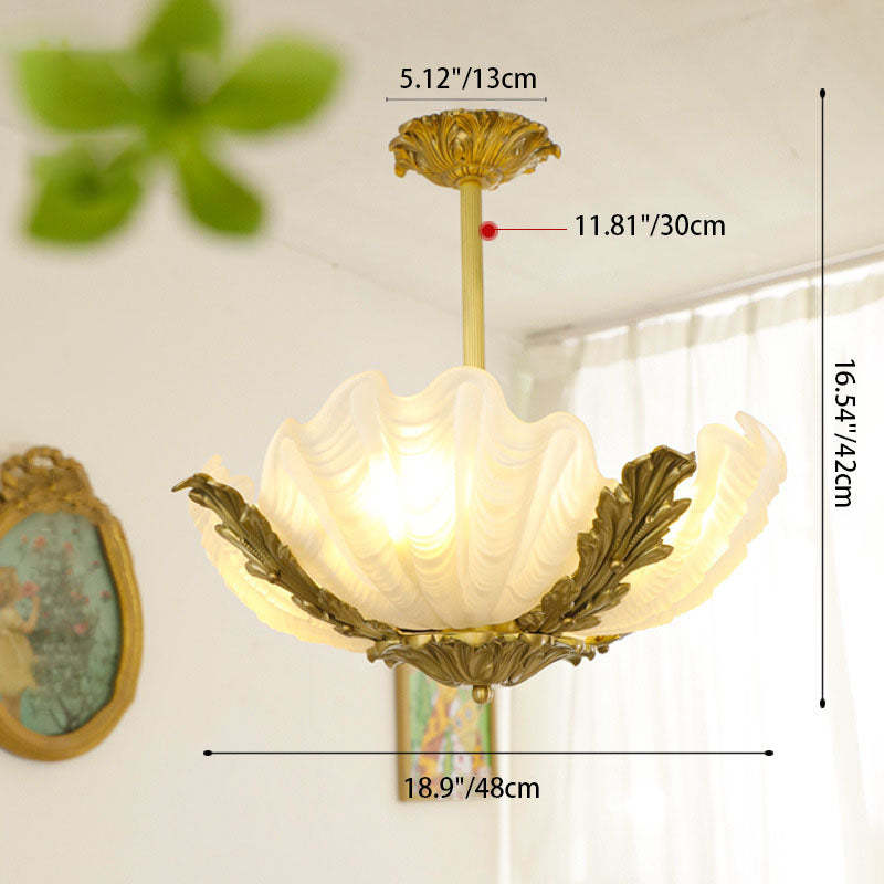French Shell Brass Glass Chandelier