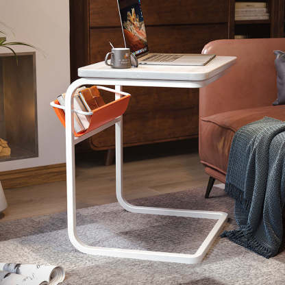 Minimalist C-Shape Steel End Table — Original Wood Tabletop + Black Frame