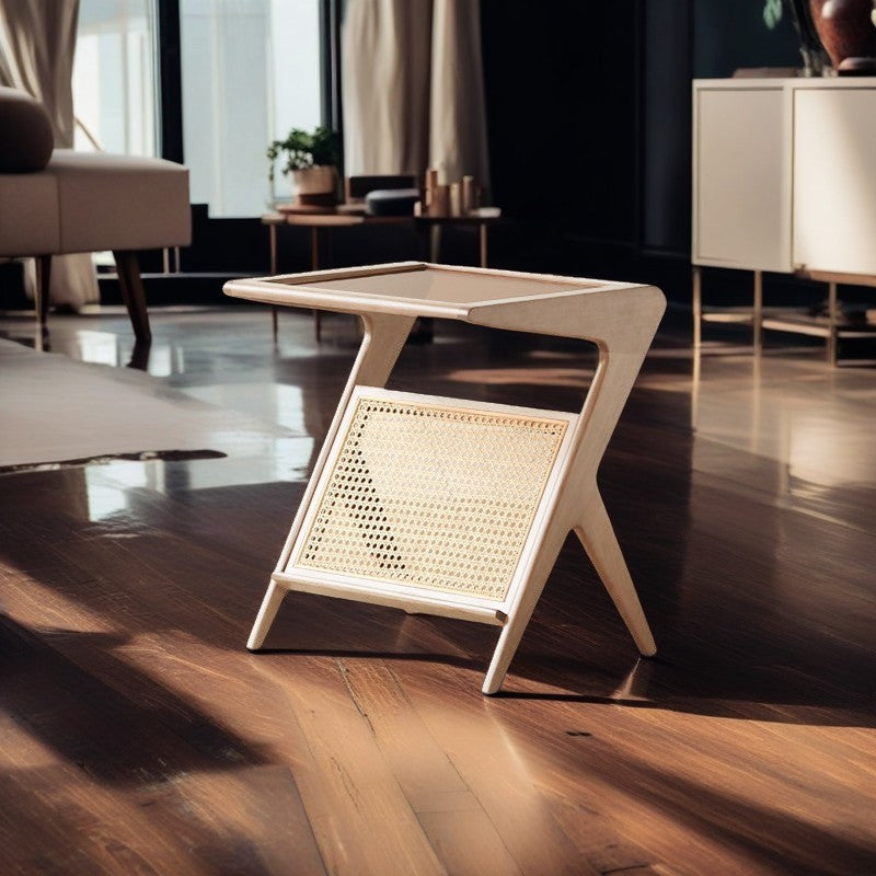 Japanese Rattan Rectangular Side Table 1-Shelf