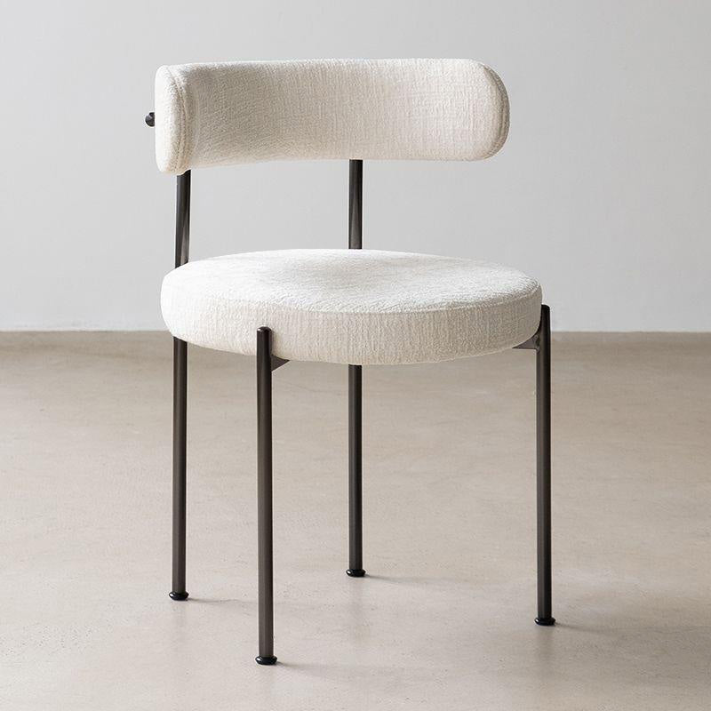 Minimalist Round Velvet Tubular-Leg Dining Chair — White Curly Velvet Seat + Black Metal Legs