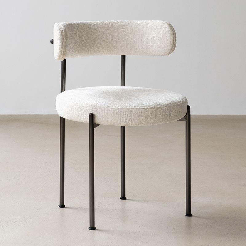 Minimalist Round Velvet Tubular-Leg Dining Chair — White Curly Velvet Seat + Black Metal Legs