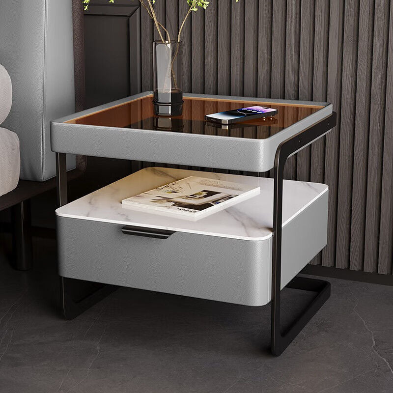 Minimalist Glass Nightstand 1-Drawer — Matcha Gray - Drawer With Fingerprint Lock
