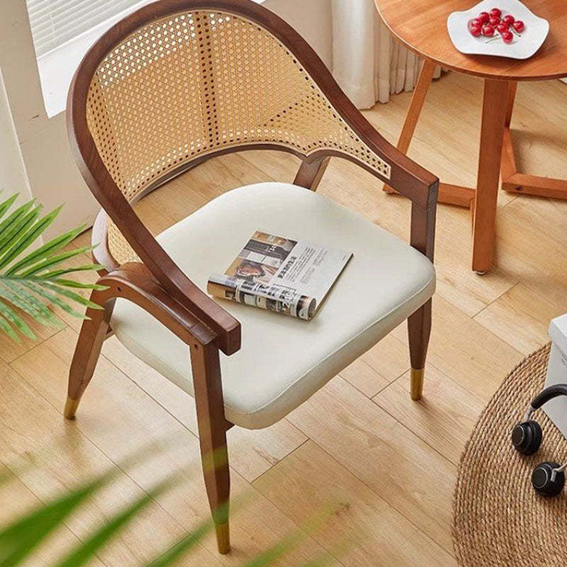 Vintage Wood Rattan Linen Dining Chair — Ash Wood - PU Leather - Black