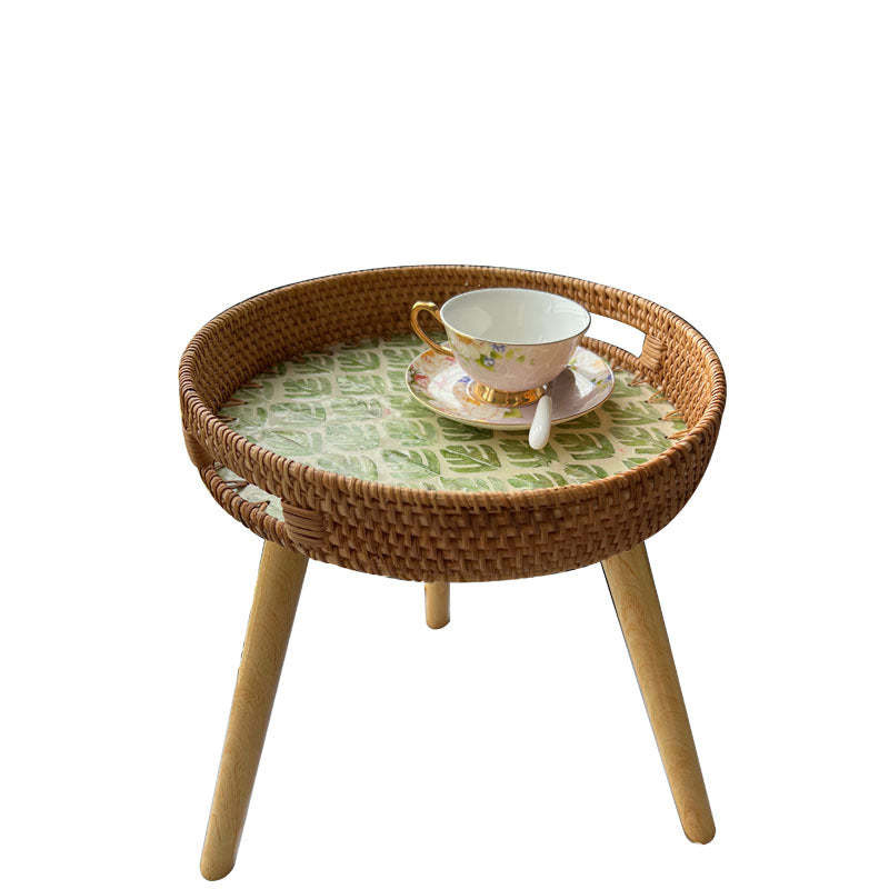 Rustic Handmade Shell Wood Rattan Side Table