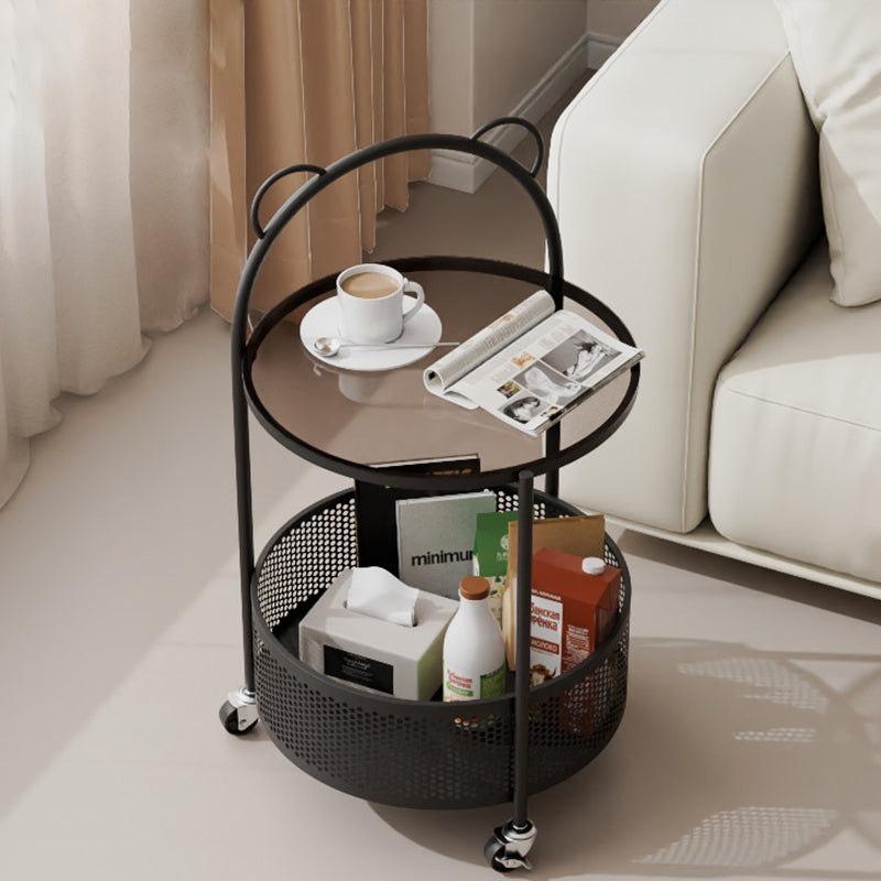 Contemporary Round Glass Movable 2-Tier Side Table — Matte Black Frame + Clear Glass Tabletop