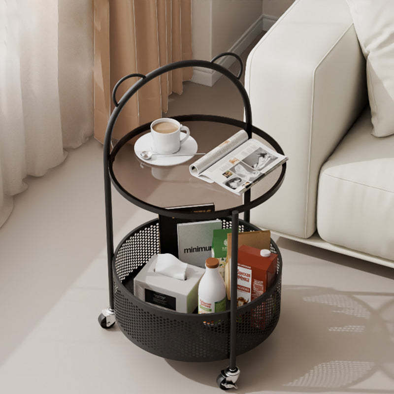 Contemporary Round Glass Movable 2-Tier Side Table — Matte Black Frame + Clear Glass Tabletop