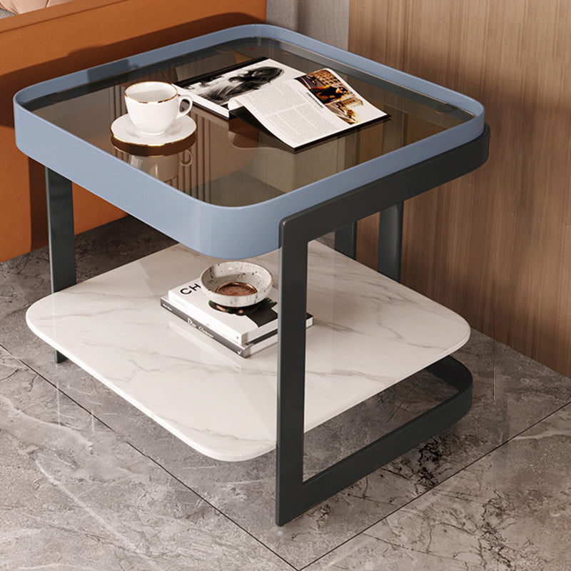 Modern Luxury Glass Rock Slab Iron 2-Tier Coffee Table