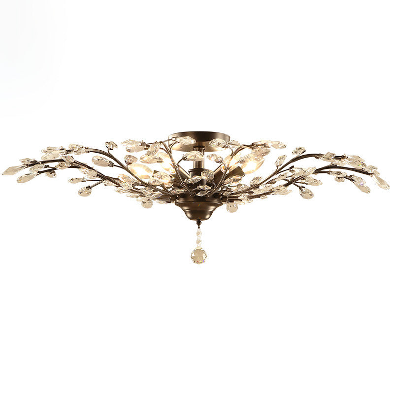 European Branch Iron Crystal Semi-Flush Ceiling Light