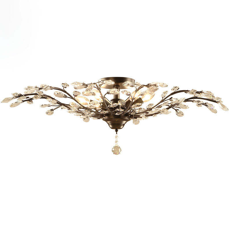 European Branch Iron Crystal Semi-Flush Ceiling Light
