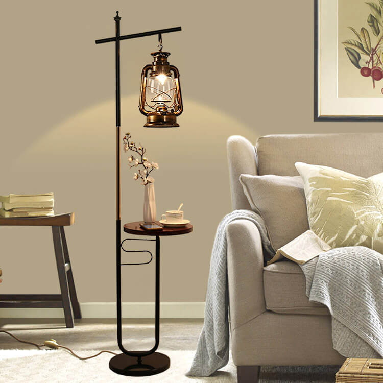 European Vintage Lantern Iron Wood Marble Floor Lamp