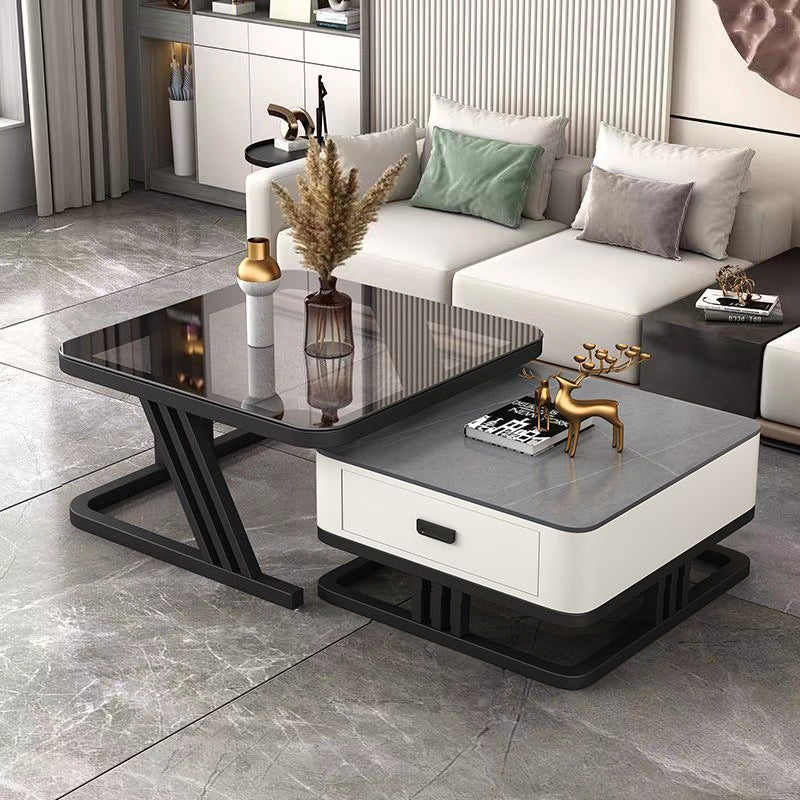 Modern Iron Frame Nesting Coffee Table — Gray Glass Tabletop+ Gray Slate Tabletop +White Drawer