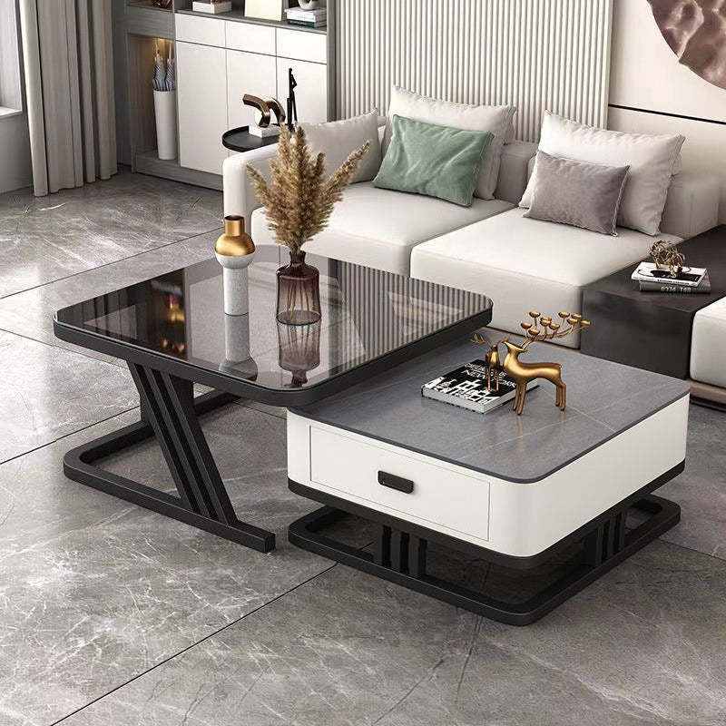 Modern Iron Frame Nesting Coffee Table — Gray Glass Tabletop+ Gray Slate Tabletop +White Drawer
