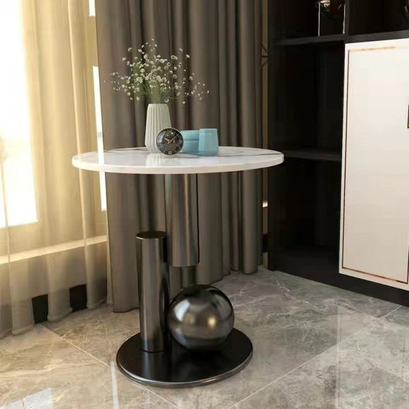 Scandinavian Single-Leg Rock Metal Coffee Table — White - Black