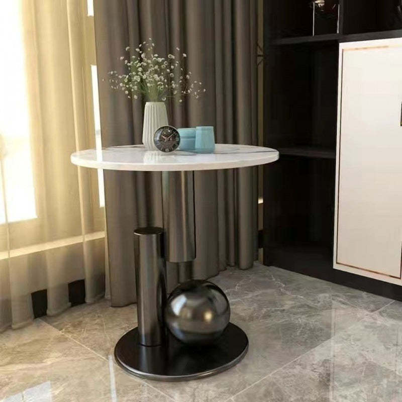 Scandinavian Single-Leg Rock Metal Coffee Table — White - Black