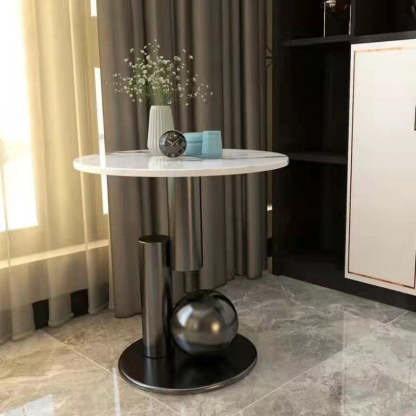 Scandinavian Single-Leg Rock Metal Coffee Table — White - Black