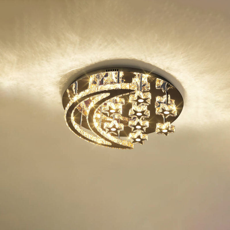 Romantic Stainless Steel Crystal Star Moon LED Flush Light — 12 Star / 220V-240V For UK/AU / Infinitely Dimmable