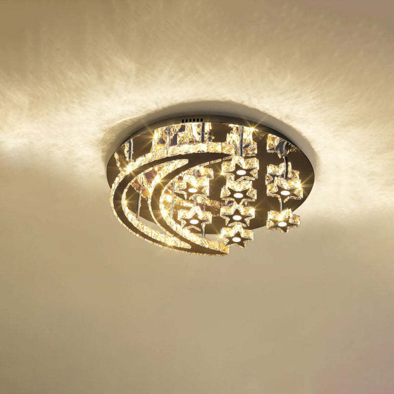 Romantic Stainless Steel Crystal Star Moon LED Flush Light — 12 Star / 220V-240V For UK/AU / Infinitely Dimmable