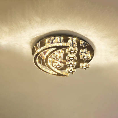 Romantic Stainless Steel Crystal Star Moon LED Flush Light — 12 Star / 220V-240V For UK/AU / Infinitely Dimmable
