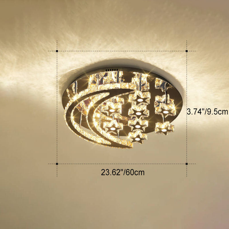 Romantic Stainless Steel Crystal Star Moon LED Flush Light — 18 Star / 110V-120V For US/CA / Infinitely Dimmable