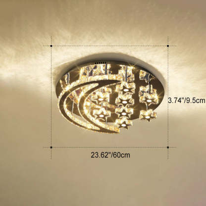 Romantic Stainless Steel Crystal Star Moon LED Flush Light — 18 Star / 110V-120V For US/CA / Infinitely Dimmable
