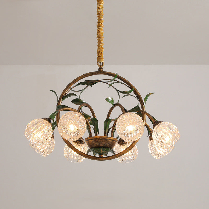 Art Deco Iron Lacquered Ring Tulip Glass Crystal Chandelier