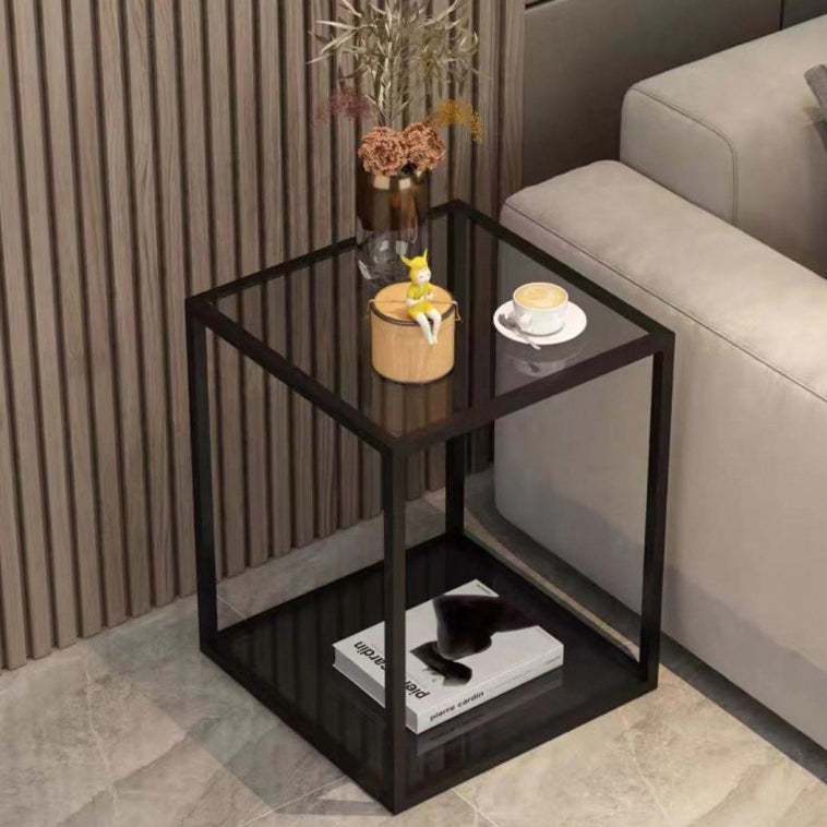 Scandinavian Glass Wood Rock Slab Square Nightstand 1-Drawer
