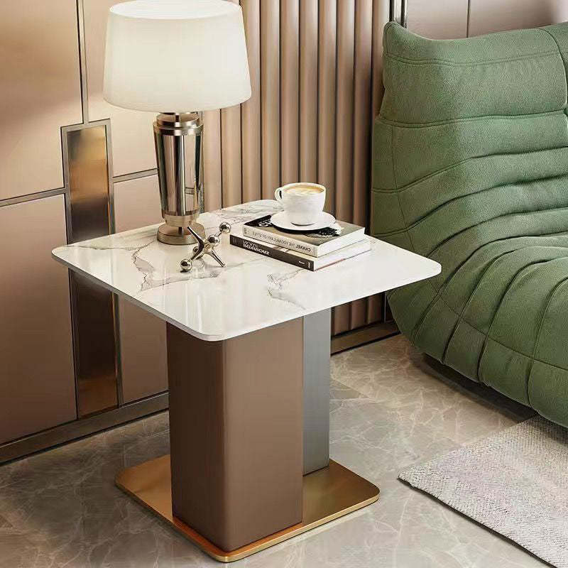 Scandinavian Slate Leather Wood Steel End Table — Gray / Black