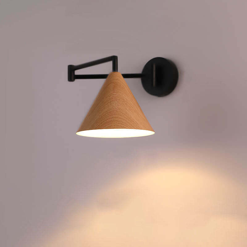 Nordic Cone Swing Arm Wood Grain Iron Wall Sconce