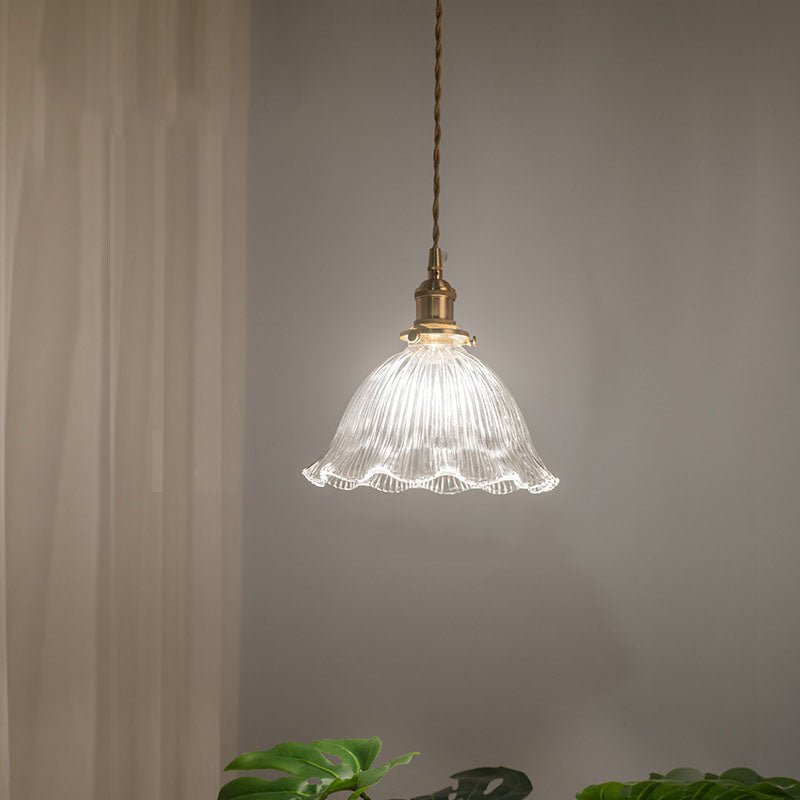 Nordic Vintage Clear Glass Flower Brass Pendant