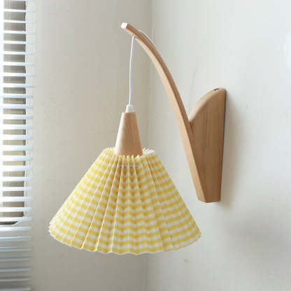 Japanese Solid Wood Pleated Fabric Umbrella Wall Sconce — Log Lamp Arm + Brown Fabric Lampshade / 110V-120V For US/CA