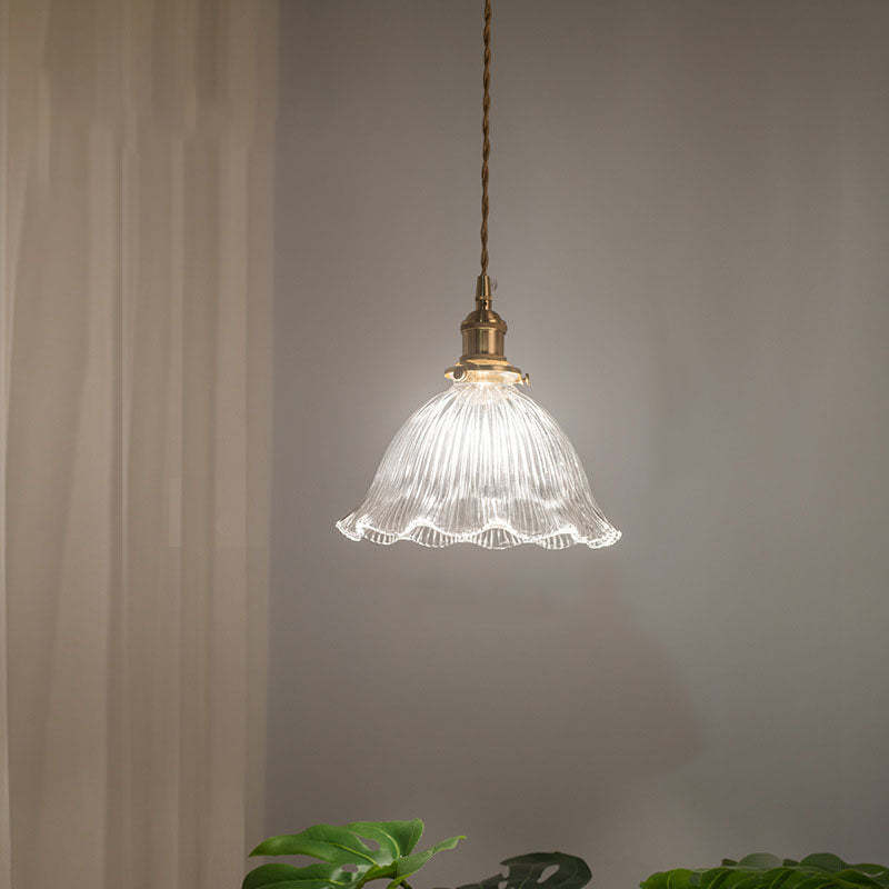 Nordic Vintage Clear Glass Flower Brass Pendant